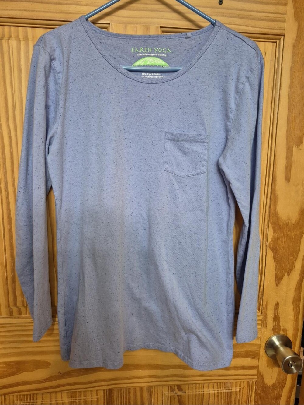 Earth Yoga Organic Cotton Long Sleeve Top Blue Gray Speckled Pocket
